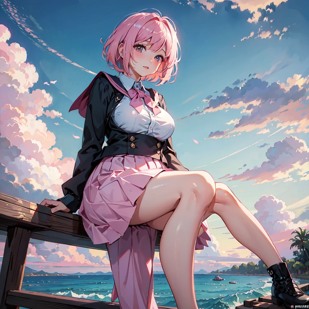 ((Highest quality)), ((masterpiece)), (detailed), From below, Pink Bob Hair, Beautiful  girl, Plump breasts, , Sitting on the shore, Spread your legs, View your viewers, beautiful pink sky and clouds,