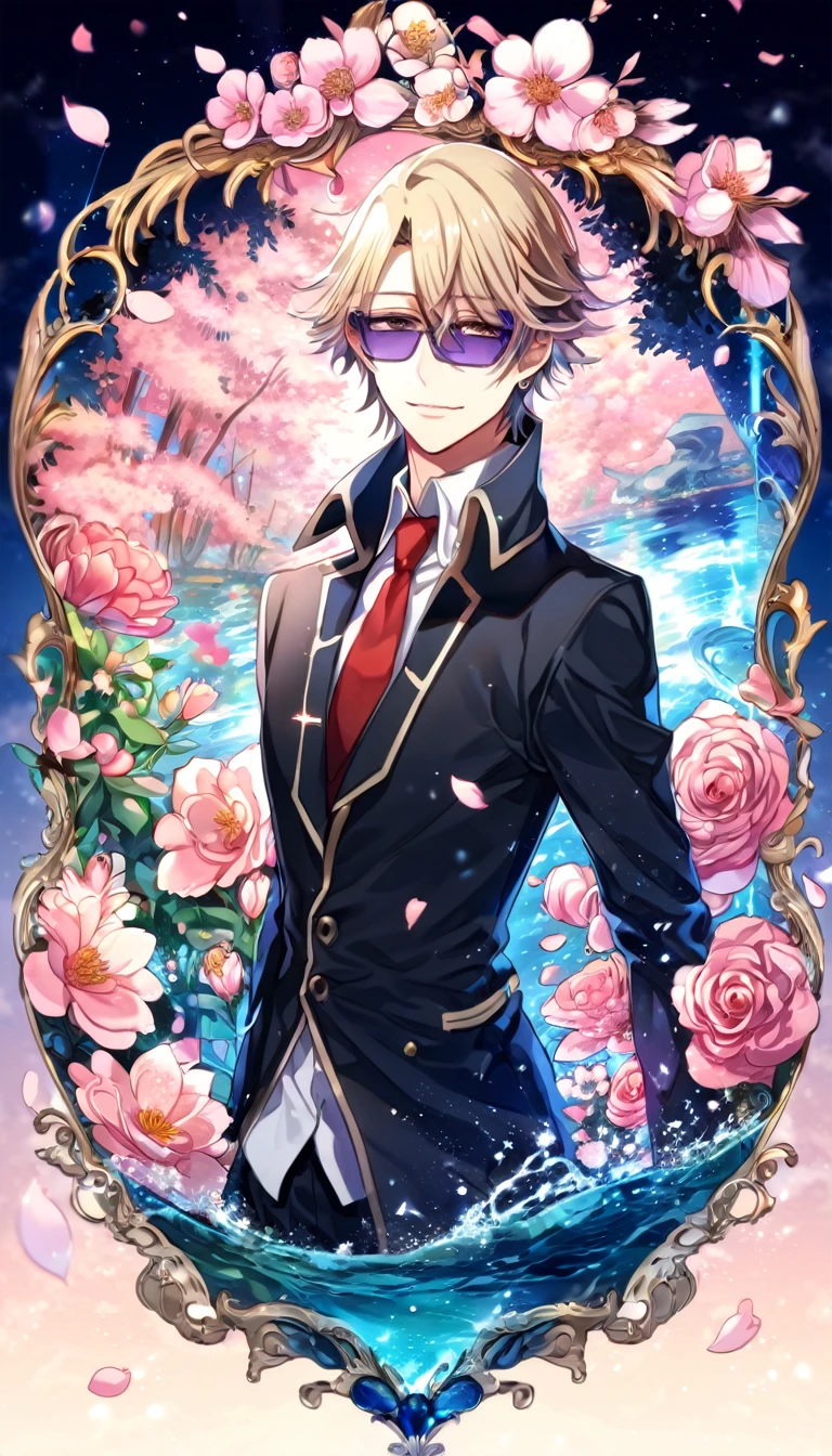 Ultra detailed, highres, absurdres, HDR, master piece, Kusanagi Izumo, short hair, dark blonde hair that has bangs hanging on the left side, parted bangs, expressivee hazel eyes, black jacket, white shirt, red necktie, purple rectangle sunglasses, K Project, fantasy, pink petals, water, pink flowers, handsome, sexy man, solo, magical, best quality, blossoms, handsome smile, blue shining fireflies