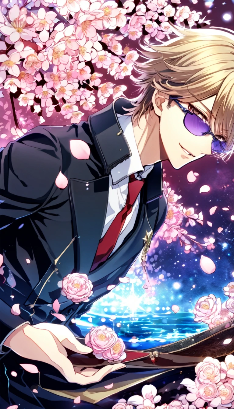 Ultra detailed, highres, absurdres, HDR, master piece, Kusanagi Izumo, short hair, dark blonde hair that has bangs hanging on the left side, parted bangs, expressivee hazel eyes, black jacket, white shirt, red necktie, purple rectangle sunglasses, K Project, fantasy, pink petals, water, pink flowers, handsome, sexy man, solo, magical, best quality, blossoms, handsome smile, blue shining fireflies