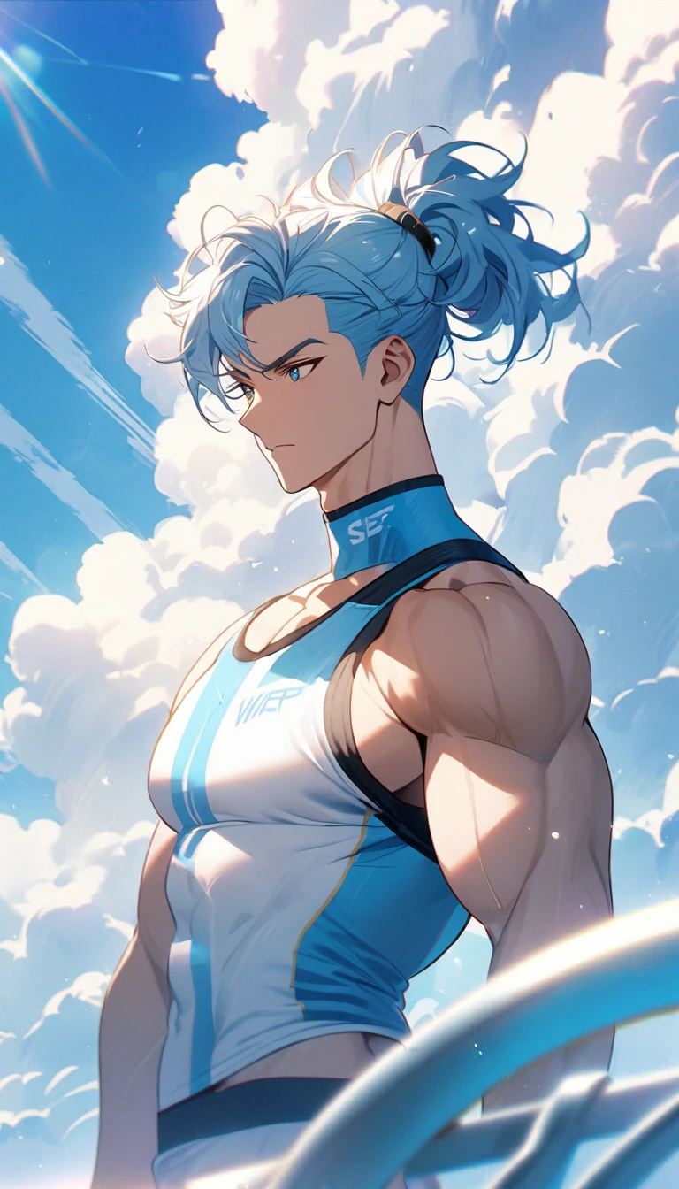 A muscular man wearing a sky blue and gold fitness outfit，Cool hairstyle，Blue sky and white clouds，Sunlight