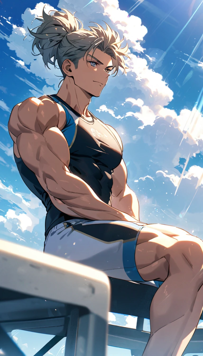 A muscular man wearing a sky blue and gold fitness outfit,Cool hairstyle,Blue sky and white clouds,Sunlight