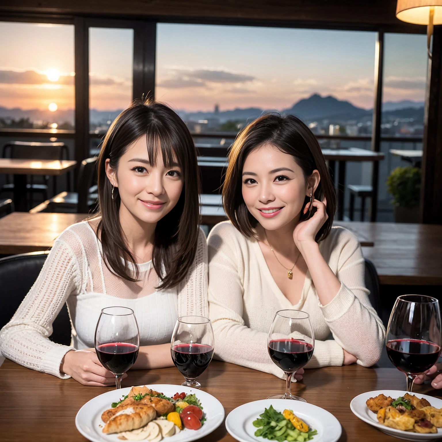 ((Highest quality、8K、masterpiece:1.3))、 (Ultra-realistic、 Genuine、Bright image、Intricate details:1.2), 最高のsmile、1 male、1 female、Beautiful couple、Love Love Love、A mistress who resembles Miki Nakatani、Female announcer、actress couple、smile、Full-course dinner at a packed table、 (Slim face), (the body is slim), (Brown Hair), (short hair), テーブルのwine glass、Please shine a light on my face、 Amazing view of the sunset sky and clouds、42 years old 39 years old, red wine 、Appetizers、Wine bottle、sparkling wine、Long sleeve shirt、dress、White wine, red wine, wine glass, 