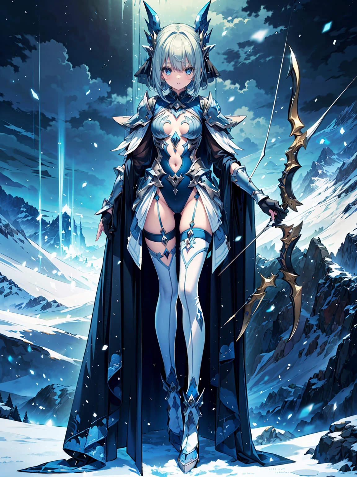 (((masterpiece, best quality, high detailed, 8k))) Design a layout showcase Gaming character, (1girl). Blue|Silver clothes, stylish and unique. ((showcase weapon:1.4)), bow and arrows. (masterpiece:1.2), (best quality), 4k, ultra-detailed. (Step by step design, layout art:1.5), (luminous lighting, atmospheric lighting). archer, ((glove full hands)), (((revealing clothes:1.3))), vambraces, armored legwear, (((full_body_shot:1.4))). {On a snowy mountain}.