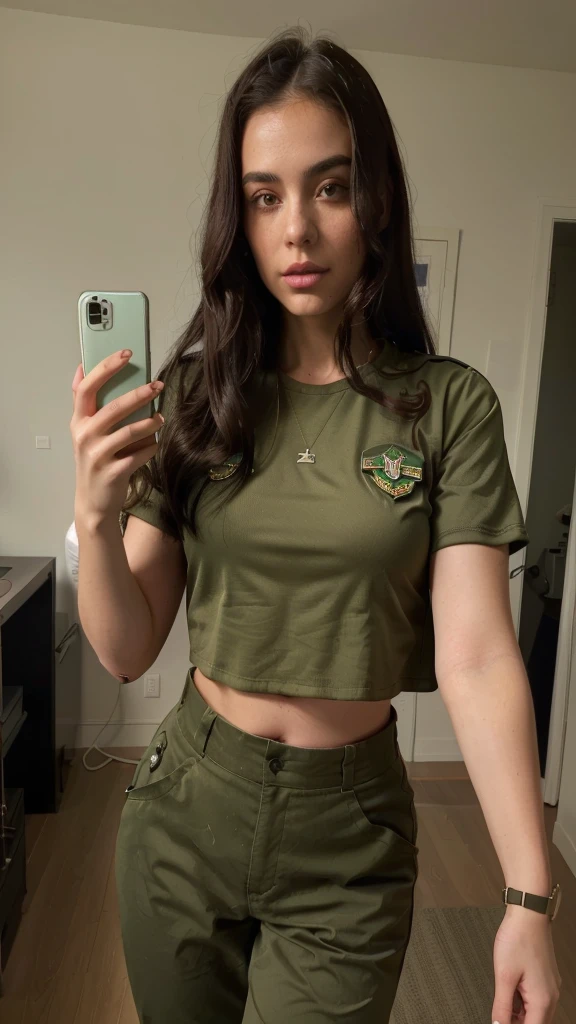 arafed woman taking a selfie in a green crop top, wearing military outfit, military outfit, wearing a sexy cropped top, army girl outfit, outfit photo, wearing crop top, 2 4 year old female model, military girl, crop shirt and slightly bloated belly, half body cropping, physical : midriff, with two front pockets, wide hips