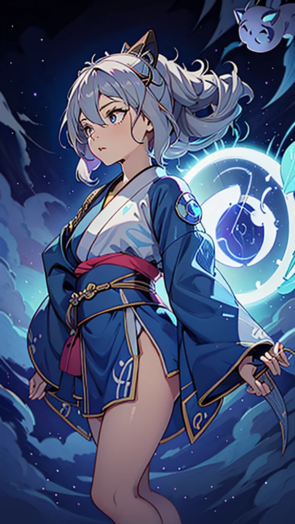 Criança;
naughty girl;
Wolf ears and tail;
Long messy hair;
gray hair;
Kimono with lightning cloud details;
Rays around the body;
It&#39;s in a black space full of clouds forming;
Sky blue eyes;



No fundo tem o espaco sideral com uma dimensão se formando 

Galaxia 
