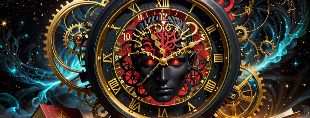 A high-resolution image black, red and golden color.  featuring a detailed clock intertwined with elements symbolizing time and the brain. The clock’s gears and hands are intricately designed, partially merging with a human brain, where neurons are visibly firing. Surrounding the clock and brain are books, floating in mid-air, their pages turning as if moved by an unseen force. Energy particles, glowing softly, swirl around the scene, adding a touch of magic. The background is an ethereal, soft-lit space, enhancing the mystical and intellectual atmosphere.