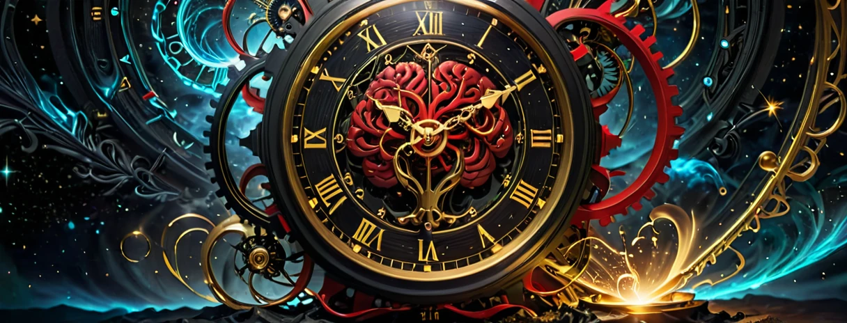 A high-resolution image black, red and golden color.  featuring a detailed clock intertwined with elements symbolizing time and the brain. The clock’s gears and hands are intricately designed, partially merging with a human brain, where neurons are visibly firing. Surrounding the clock and brain are books, floating in mid-air, their pages turning as if moved by an unseen force. Energy particles, glowing softly, swirl around the scene, adding a touch of magic. The background is an ethereal, soft-lit space, enhancing the mystical and intellectual atmosphere.