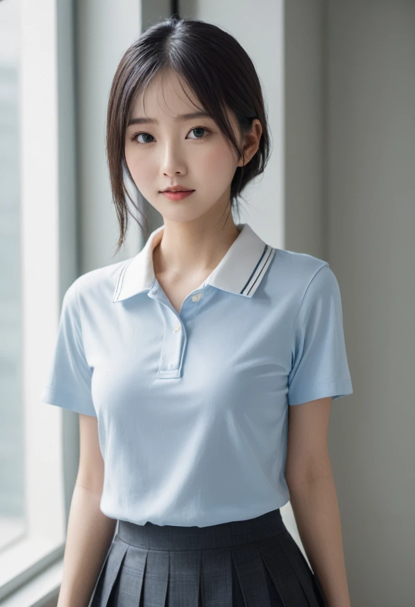 Human tights, undercut hairstyle, (turn around and look), (Look at the camera), (Looked up), (High quality 16K anime), (Tall stature), Sweating, Powder blue vapor, Delicate skin,(((Quiet smile))), (Photorealism), masterpiece, best quality, portrait, Decent shirt(Realistic beautiful asians), Close up and soften everything, spotlight, (皮肤overtake白:1.4), golden make-up, Sharp focus, Detailed anatomy, overtake精彩的脸部细节, 19 years old, White shirt, holding a brush, 拥有一张overtake可爱的日韩台青年偶像脸, (overtake细致的眼睛), (overtake细致的皮肤), overtake级湿润多汁性感柔软的嘴唇, Soft Light, Perfect Yaoyao face, lifelike, (Correct finger), The light is bright, overtake极简风格: Practical, Photorealism, photography, (Black web collar that tightens the neck:1.9), (Very strong physique:1.9), ((((((overtake)))))), Single Ponytail, (Pretty Face:1.9), (((wearing wet white and shirt))), (Extremely detailed face:1.9), Placed in the center of the temple), 、 Raise your hand, No trace, , spark, Female Head, (Integrate with plump body), The light is bright, Perfect hands, The fox spirit in the body, The fox's mind controls this body, The fox soul in this body, A smile, Thin eyebrows, Huge weapon with Kitagawa Keiko,(((((hazy))))),