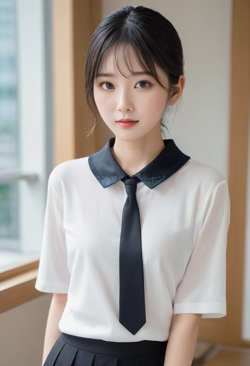 Human tights, undercut hairstyle, (turn around and look), (Look at the camera), (Looked up), (High quality 16K anime), (Tall stature), Sweating, Powder blue vapor, Delicate skin,(((Quiet smile))), (Photorealism), masterpiece, best quality, portrait, Decent shirt(Realistic beautiful asians), Close up and soften everything, spotlight, (皮肤overtake白:1.4), golden make-up, Sharp focus, Detailed , overtake精彩的脸部细节, 19 years old, White shirt, holding a brush, 拥有一张overtake可爱的日韩台青年偶像脸, (overtake细致的眼睛), (overtake细致的皮肤), overtake级湿润多汁性感柔软的嘴唇, Soft Light, Perfect Yaoyao face, lifelike, (Correct finger), The light is bright, overtake极简风格: Practical, Photorealism, photography, (Black web collar that tightens the neck:1.9), (Very strong physique:1.9), ((((((overtake)))))), Single Ponytail, (Pretty Face:1.9), (((wearing wet white and shirt))), (Extremely detailed face:1.9), Placed in the center of the temple), 、 Raise your hand, No trace, , spark, Female Head, (Integrate with plump body), The light is bright, Perfect hands, The fox spirit in the body, The fox's mind controls this body, The fox soul in this body, A smile, Thin eyebrows, Huge weapon with Kitagawa Keiko，(((((hazy)))))，