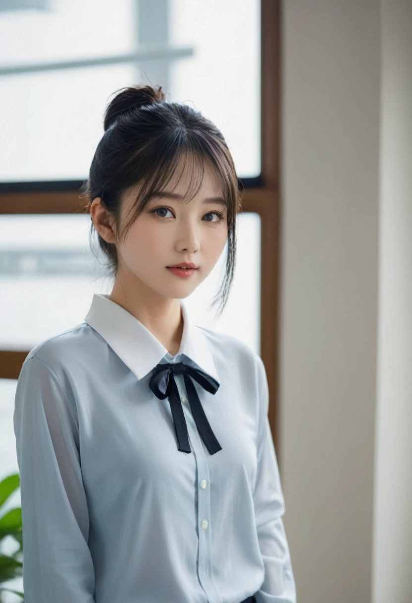 Human tights, undercut hairstyle, (turn around and look), (Look at the camera), (Looked up), (High quality 16K anime), (Tall stature), Sweating, Powder blue vapor, Delicate skin,(((Quiet smile))), (Photorealism), masterpiece, best quality, portrait, Decent shirt(Realistic beautiful asians), Close up and soften everything, spotlight, (皮肤overtake白:1.4), golden make-up, Sharp focus, Detailed anatomy, overtake精彩的脸部细节, 19 years old, White shirt, holding a brush, 拥有一张overtake可爱的日韩台青年偶像脸, (overtake细致的眼睛), (overtake细致的皮肤), overtake级湿润多汁性感柔软的嘴唇, Soft Light, Perfect Yaoyao face, lifelike, (Correct finger), The light is bright, overtake极简风格: Practical, Photorealism, photography, (Black web collar that tightens the neck:1.9), (Very strong physique:1.9), ((((((overtake)))))), Single Ponytail, (Pretty Face:1.9), (((wearing wet white and shirt))), (Extremely detailed face:1.9), Placed in the center of the temple), 、 Raise your hand, No trace, , spark, Female Head, (Integrate with plump body), The light is bright, Perfect hands, The fox spirit in the body, The fox's mind controls this body, The fox soul in this body, A smile, Thin eyebrows, Huge weapon with Kitagawa Keiko,(((((hazy))))),