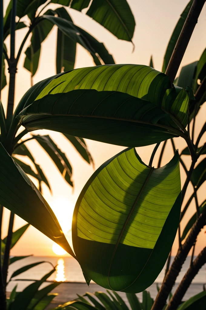 Banana leaves falling at sunset 