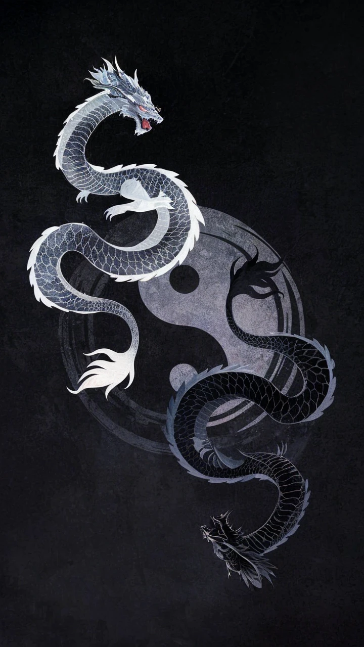 Create me a tattoo of two dragons, one white with blue eyes and one black with red eyes representing Ying and Yang