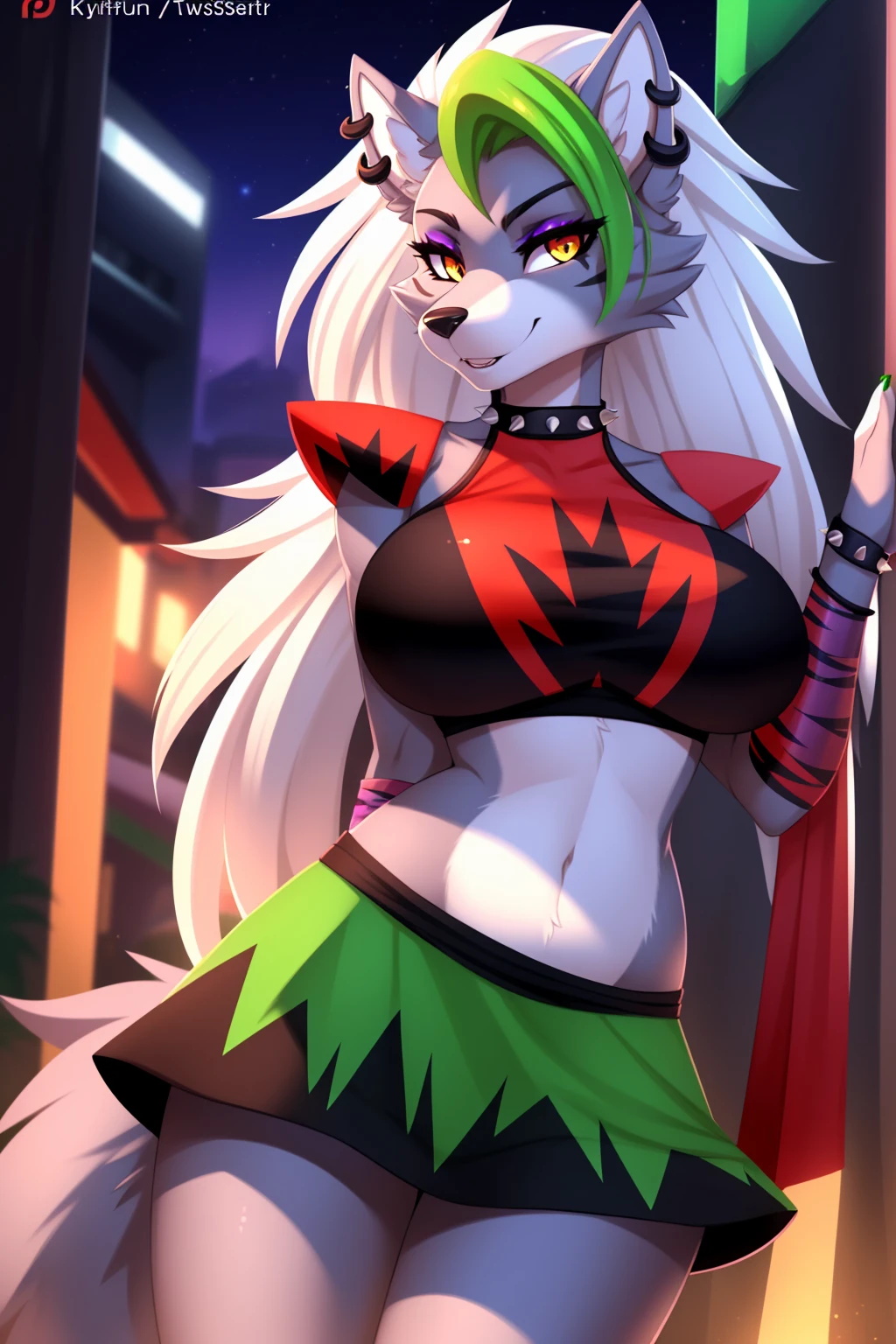 By zinfyuu on pixiv,by twistedscarlet60, uploaded on pixiv, by fluff-kevlar, (masterpiece), (best quality), (anthro furry:1.3, snout:1.2, anthro:1.3, furry:1.2, solo female:1.2), (extremely detailed:1.3), (Detailed eye part: White lens, honey iris,black cornea), tall, slim body, sweet smile, wear Black tshirt and long skirt, roxanne wolf, roxanne, busty, big breast, thick thighs, fnafroxanne, furry female, body fur, makeup, wolf ears, crop top, collar, spikes, jewelry, ear piercing, bracelet, wolf tail