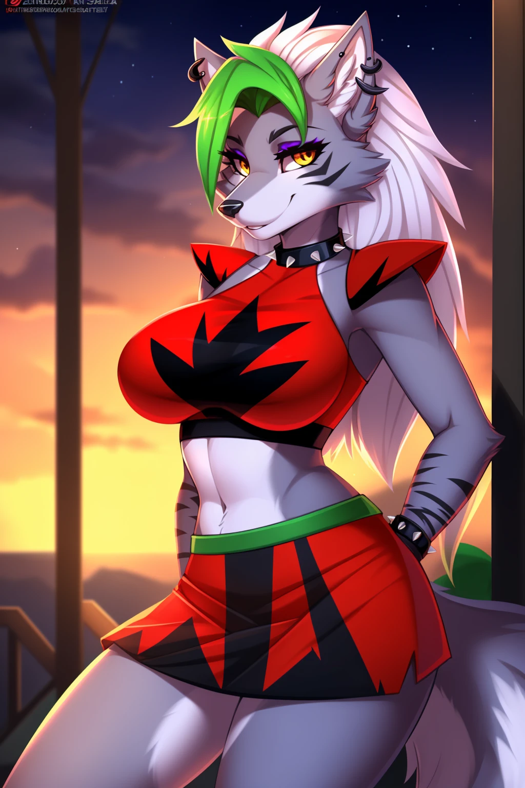 By zinfyuu on pixiv,by twistedscarlet60, uploaded on pixiv, by fluff-kevlar, (masterpiece), (best quality), (anthro furry:1.3, snout:1.2, anthro:1.3, furry:1.2, solo female:1.2), (extremely detailed:1.3), (Detailed eye part: White lens, honey iris,black cornea), tall, slim body, sweet smile, wear Black tshirt and long skirt, roxanne wolf, roxanne, busty, big breast, thick thighs, fnafroxanne, furry female, body fur, makeup, wolf ears, crop top, collar, spikes, jewelry, ear piercing, bracelet, wolf tail