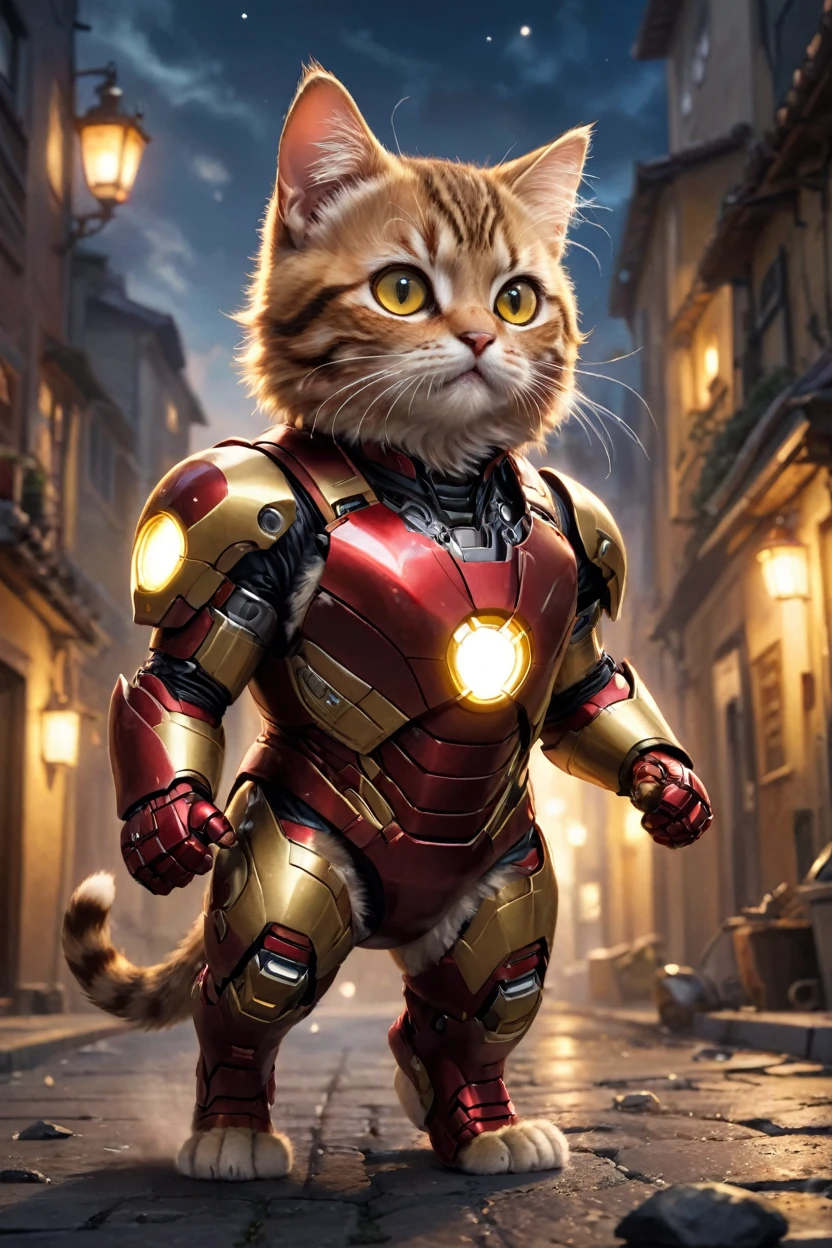 small, There are no humans in this world、The world of anthropomorphized cats、Wearing a full Iron Man suit、Flying using repulsors in both hands、night、かわいいbornき物全身, Costumes,、 Fantasy art, Exquisite detail, An anthropomorphic, fat, furry tabby kitten with yellow eyes, Movie Scenes, Dramatic shot angles, , Realistic, born々Amazing cinematic photorealism, Action Portrait, 8K, detailed, Full Frame