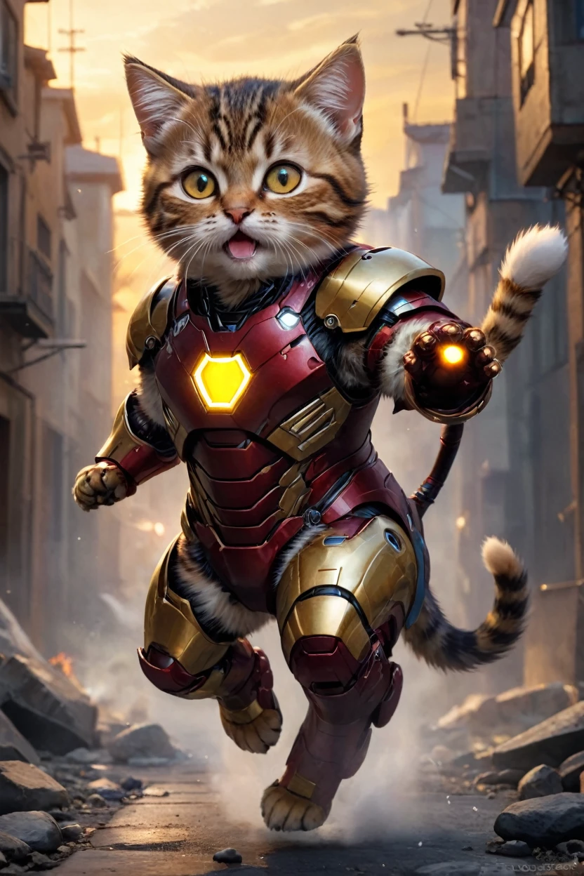 small, There are no humans in this world、The world of anthropomorphized cats、Wearing a full Iron Man suit、Flying using repulsors in both hands、night、かわいいbornき物全身, Costumes,、 Fantasy art, Exquisite detail, An anthropomorphic, fat, furry tabby kitten with yellow eyes, Movie Scenes, Dramatic shot angles, , Realistic, born々Amazing cinematic photorealism, Action Portrait, 8K, detailed, Full Frame