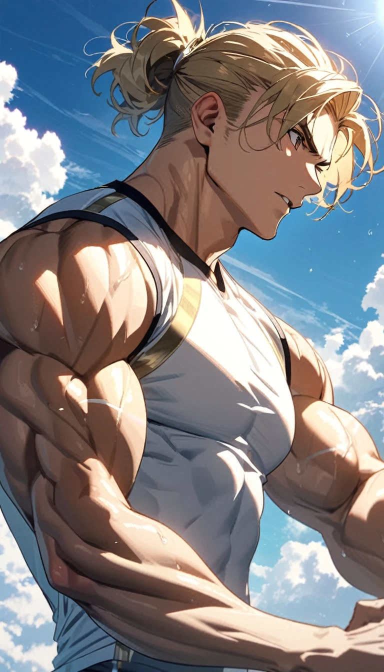 A muscular man in white and gold fitness clothing,Cool hairstyle,Blue sky and white clouds,Sunlight