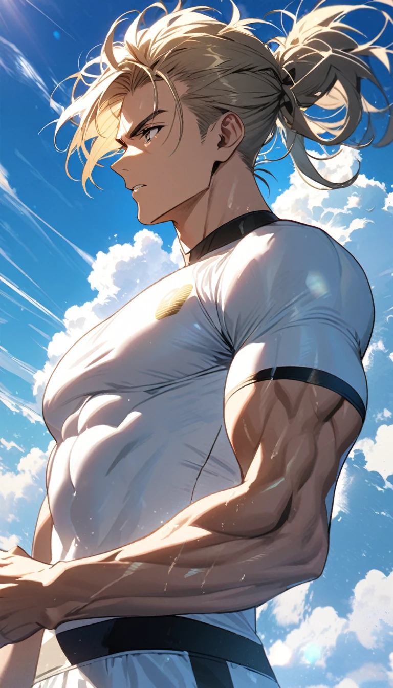 A muscular man in white and gold fitness clothing,Cool hairstyle,Blue sky and white clouds,Sunlight