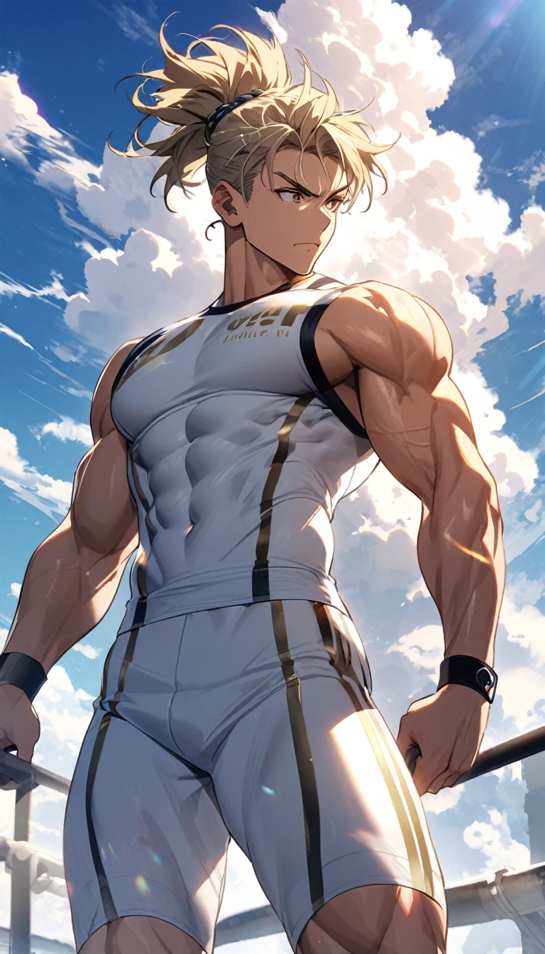 A muscular man in white and gold fitness clothing,Cool hairstyle,Blue sky and white clouds,Sunlight