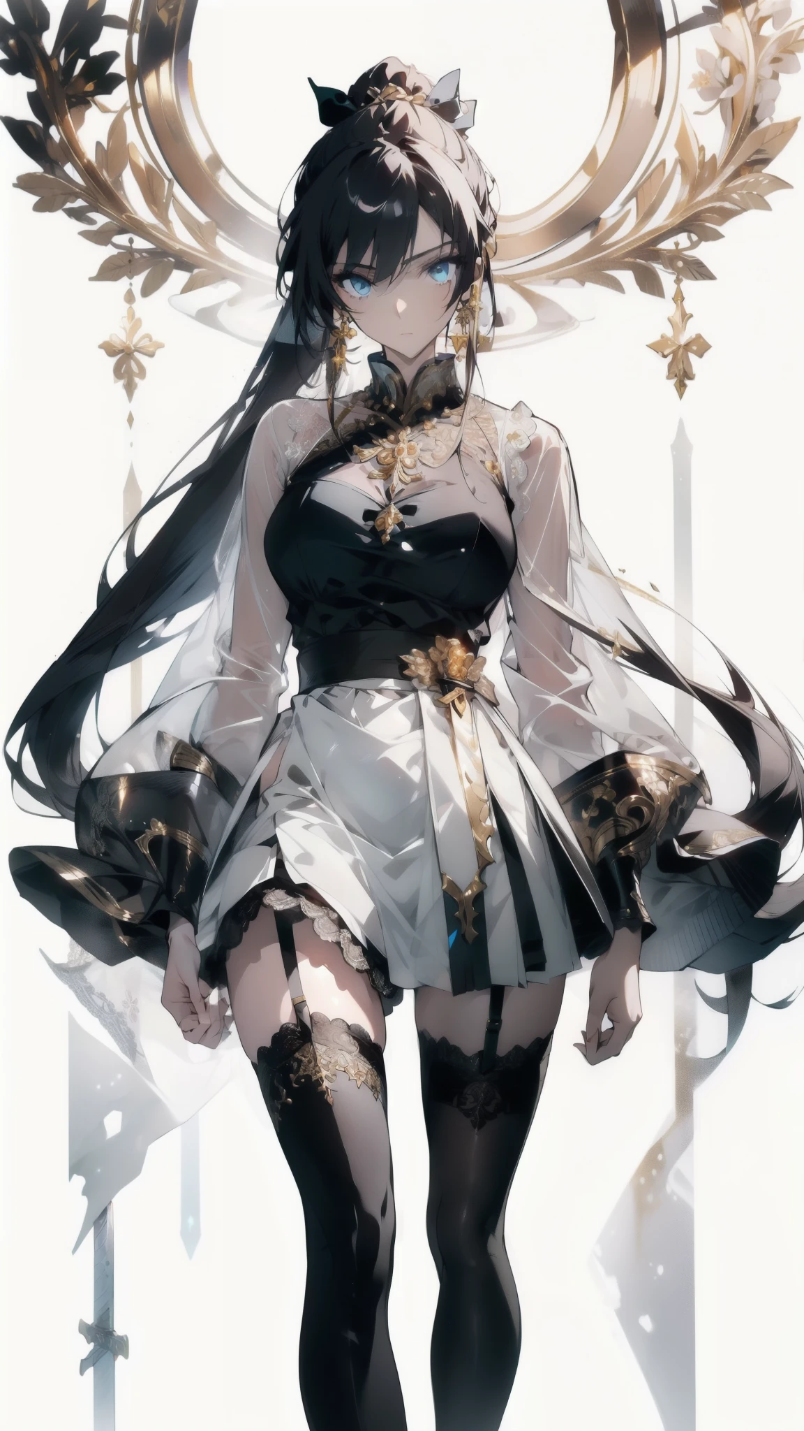 ((masterpiece, best quality)), Delicate face,Sword Princess,gold,whole body,Long legs,Large Breasts,Gradient double ponytail,Perfect body proportions,beautiful eyes,Extremely beautiful,transparent, Pure white background,sexly_比基尼,Ribbon,Lace,Garter stockings