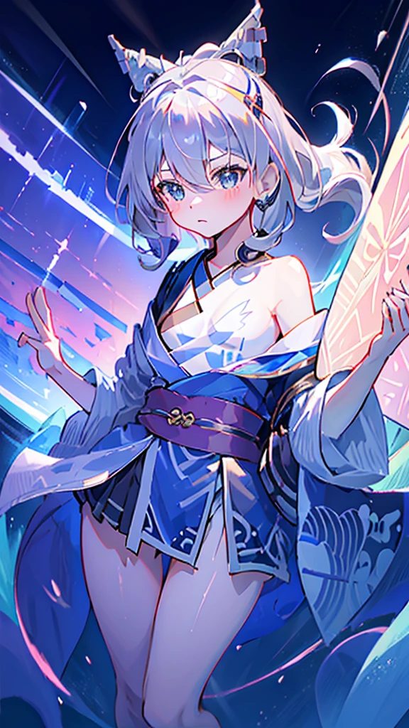 Criança;
naughty girl;
Wolf ears and tail;
Long messy hair;
gray hair;
Kimono with lightning cloud details;
Rays around the body;
It&#39;s in a black space full of clouds forming;
Sky blue eyes;



No fundo tem o espaco sideral com uma dimensão se formando 

Galaxia 
