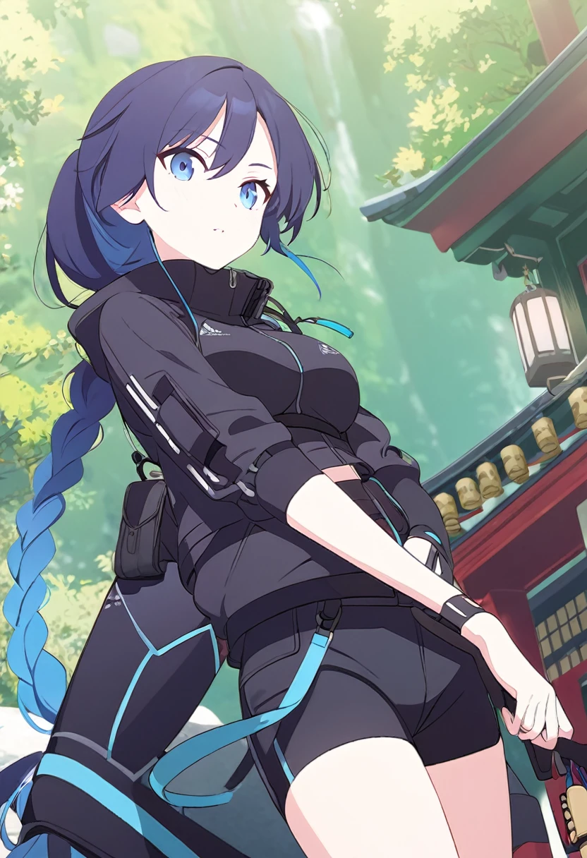 (One Girl,azure hair,Hairstyle: braided ponytail, pale blue eyes,Medium chest,Dynamic Angle)Techwear,Black shorts,A shrine with a green background,