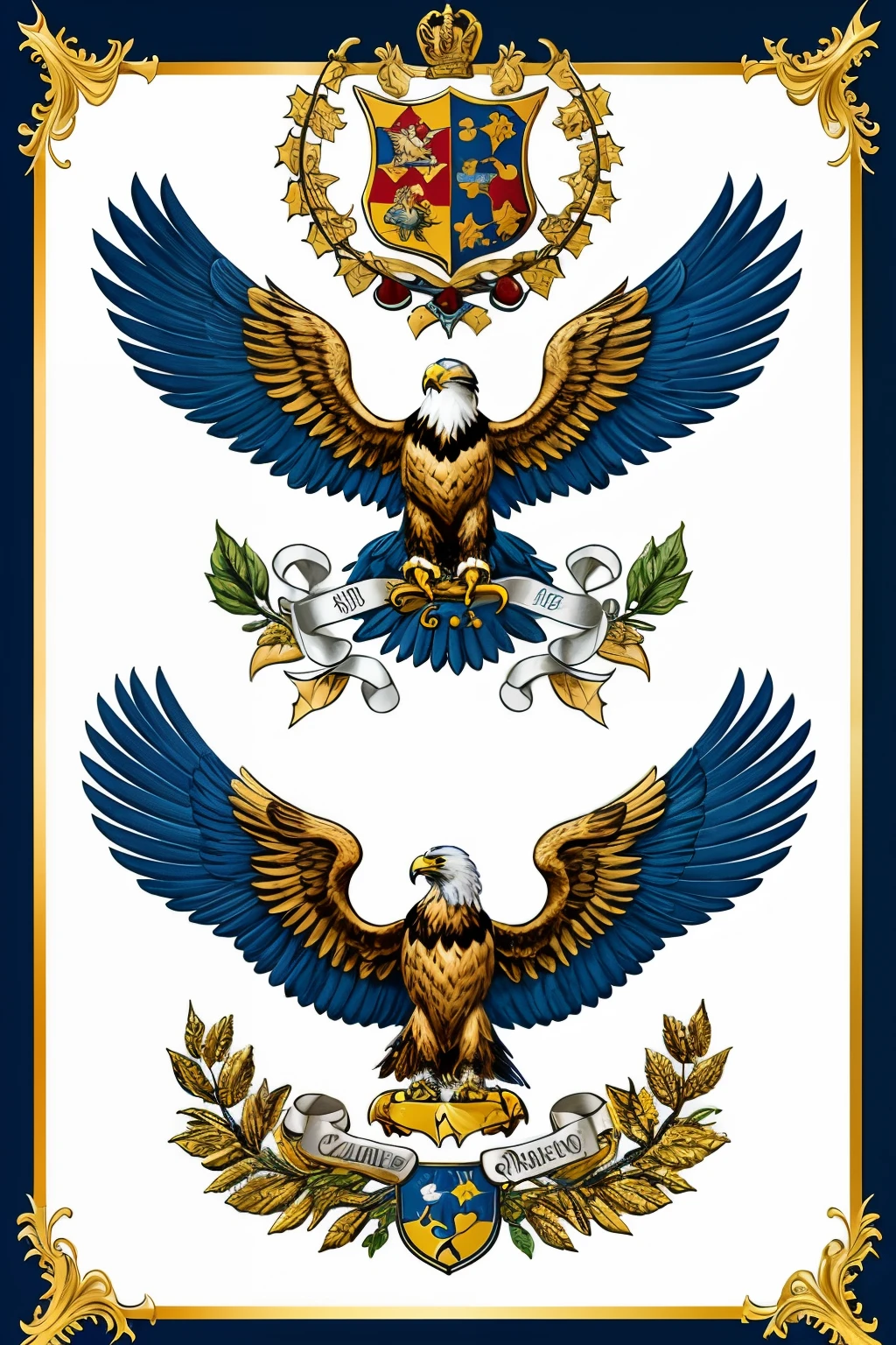 ((Best Quality)), ((Masterpiece)), (detailed), To design my personal coat of arms, I have chosen the following elements:
Field: Azur (blue)
main figure: a golden eagle (yellow) with wings spread Secondary figures: Three silver stars (White) on top Border: Gules (red) let it be a shield