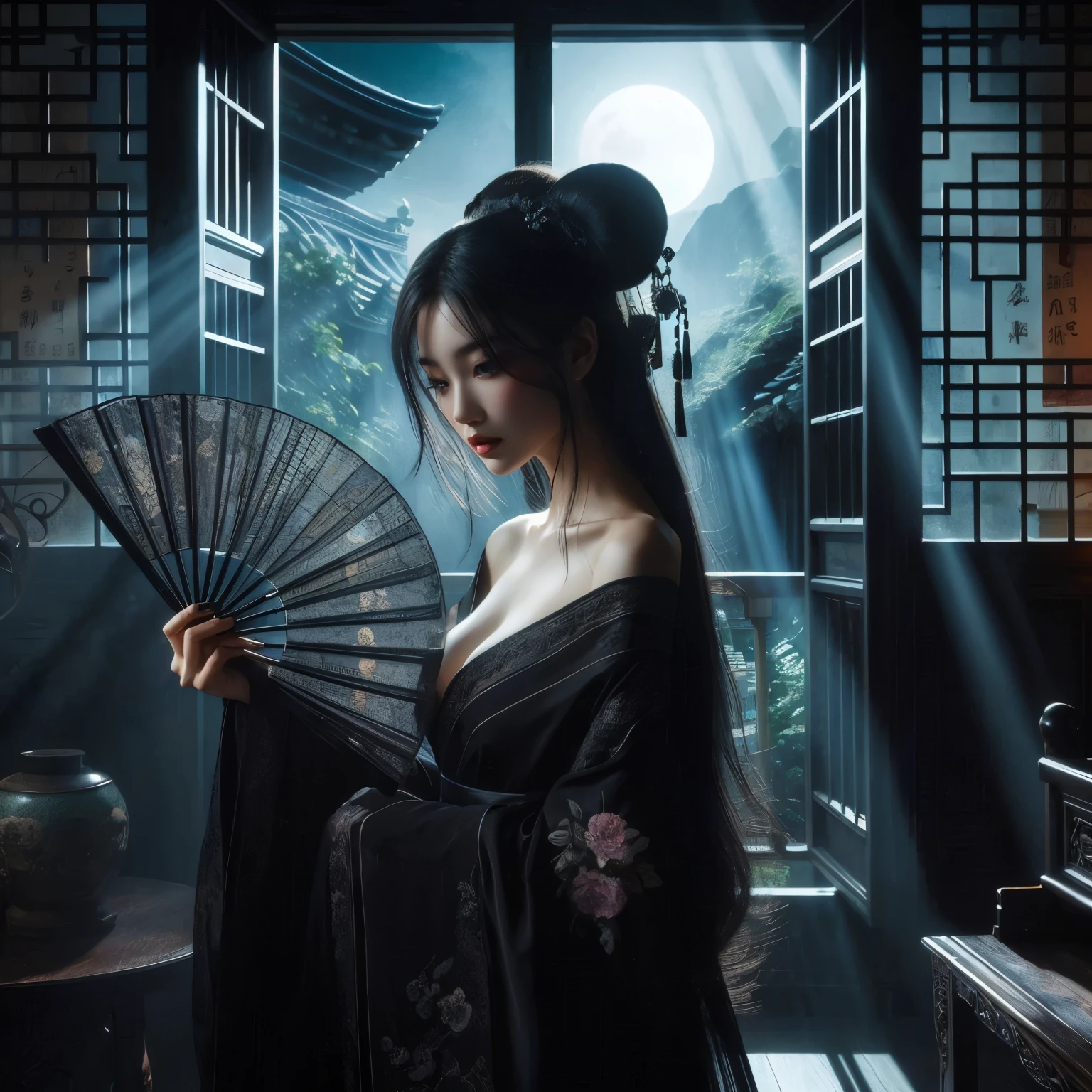An ultra beautiful Asian woman long black hair, holding a long black ancient liquored Asian fighting fan, wearing a long black Chinese dressing gown, in a darkened room beams of moonlight streak in through the opened balcony window, Chinese garden, night sky, black ink, in the style of Caravaggio and Da Vinci, 8k resolution, hyperdetailed, photorealistic, an oil painting art style, Sfumato,