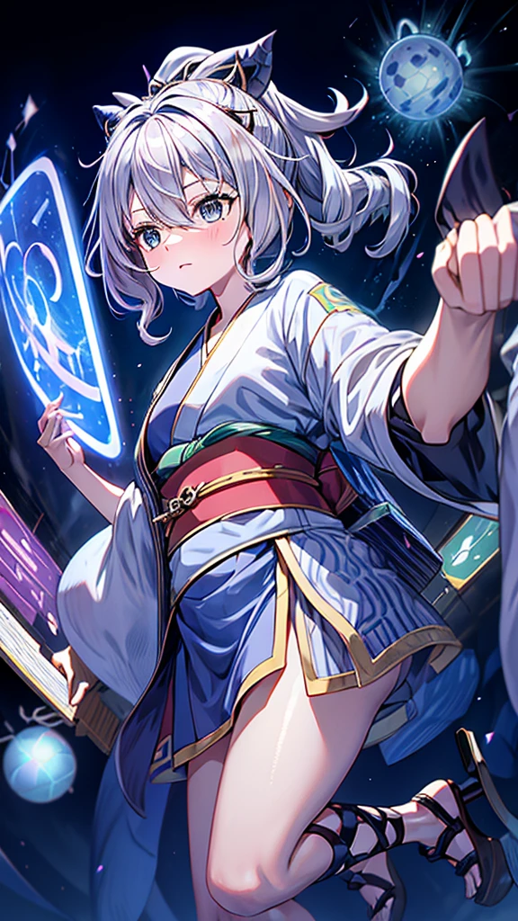 Criança;
naughty girl;
Wolf ears and tail;
Long messy hair;
gray hair;
Kimono with lightning cloud details;
Rays around the body;
It&#39;s in a black space full of clouds forming;
Sky blue eyes;



No fundo tem o espaco sideral com uma dimensão se formando 

Galaxia 
