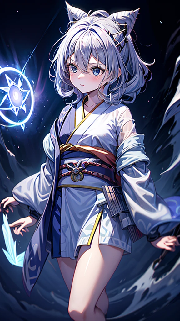 Criança;
naughty girl;
Wolf ears and tail;
Long messy hair;
gray hair;
Kimono with lightning cloud details;
Rays around the body;
It&#39;s in a black space full of clouds forming;
Sky blue eyes;



No fundo tem o espaco sideral com uma dimensão se formando 

Galaxia 
