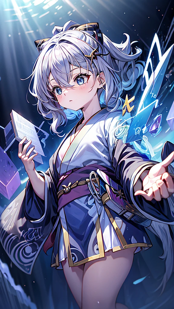 Criança;
naughty girl;
Wolf ears and tail;
Long messy hair;
gray hair;
Kimono with lightning cloud details;
Rays around the body;
It&#39;s in a black space full of clouds forming;
Sky blue eyes;



No fundo tem o espaco sideral com uma dimensão se formando 

Galaxia 
