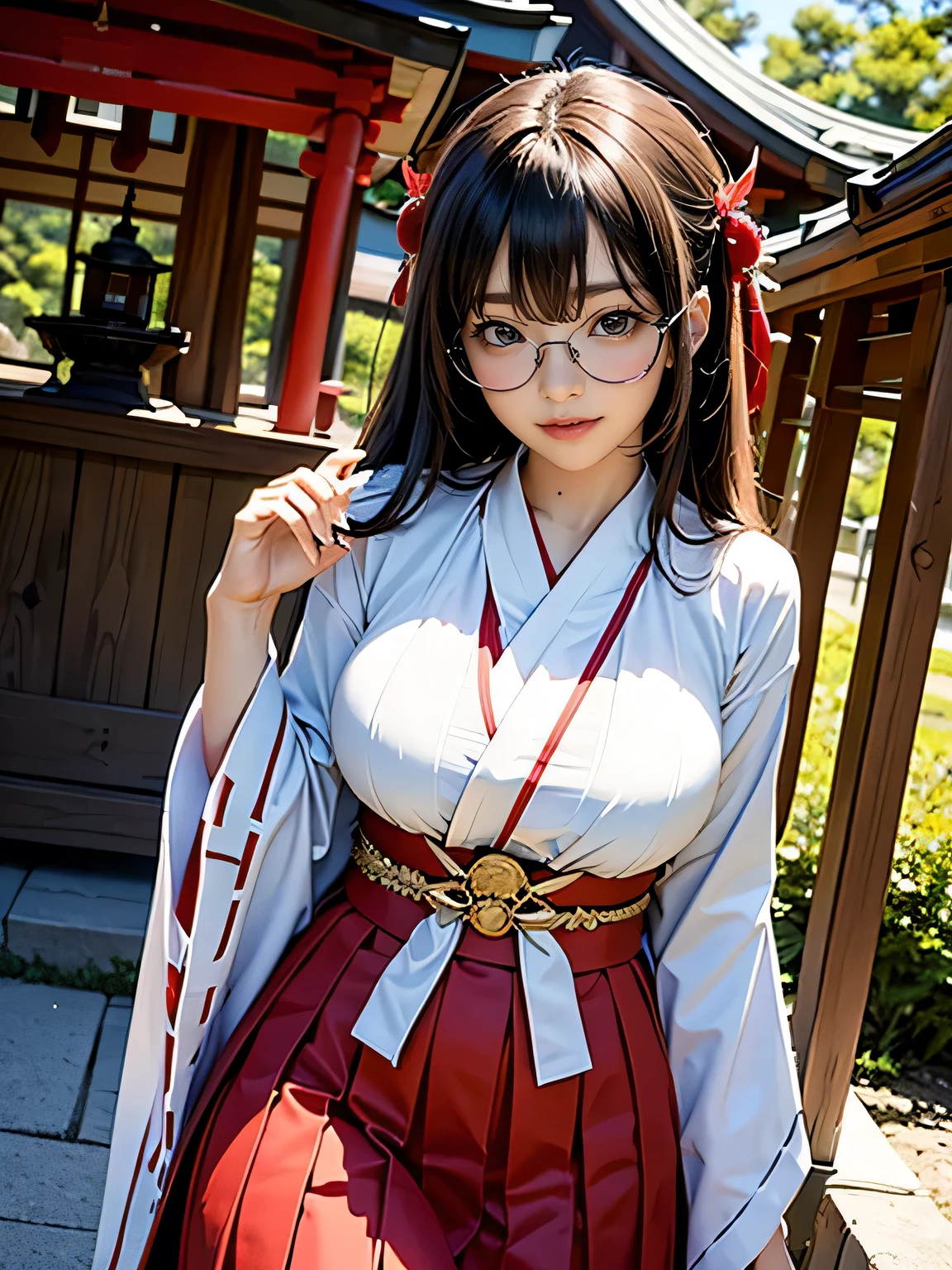 shrine maiden、Crimson too、Shrine maiden attire、ceremony、shrine、within the territory、Long Hair、beautiful girl、Clear Skin、Oracle、The chest is slightly open、cowboy shot,shrine maiden outfit,red skirt,Glasses、
