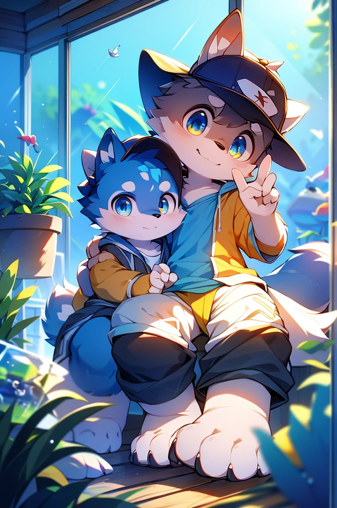 masterpiece, best quality, bright eyes, detailed eyes, furry, wolf, male, baggy clothing, baseball cap, v sign, (head tilt:1.3), high saturation, colorful, detailed background, perfect lighting, shadow, aquarium, window, deep blue theme, bubble