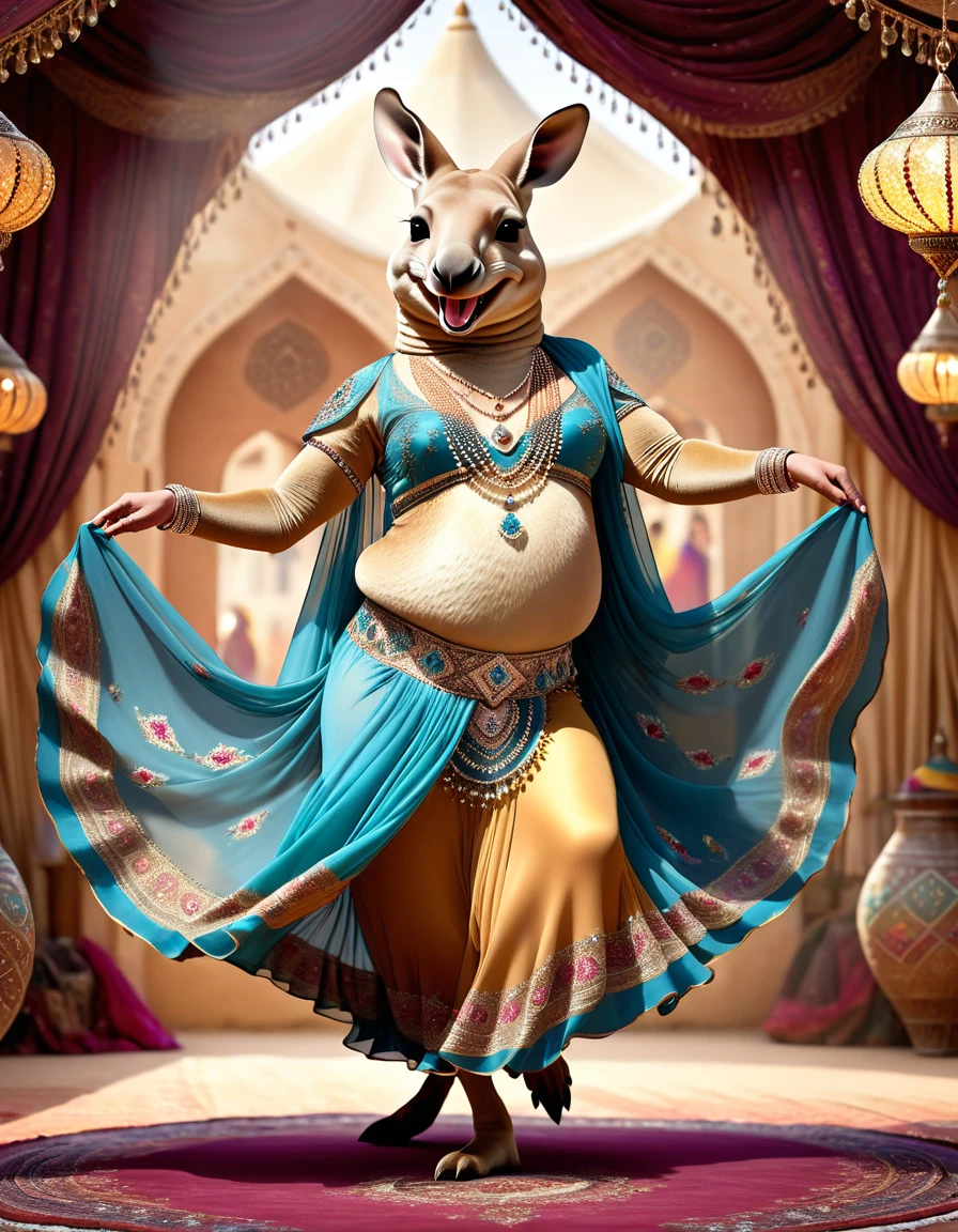 photorealistic portrait of Dressed animals - a ((fat)) ((kangaroo)) dancer,(shark skin), (dynamic dancing:2.0), (swinging arms :2.0),(happy smile:1.5),high quality,(happy),(lovely) ,intricate details, (sheer veil), highly detailed (( gypsy belly dancing clothes)) ,highly detailed decorations of clothes, Wearing gypsy belly dancing clothes, , (happy), soft lighting,(full body image:1.5),Arabian palace background,(viewed from side:2.0),