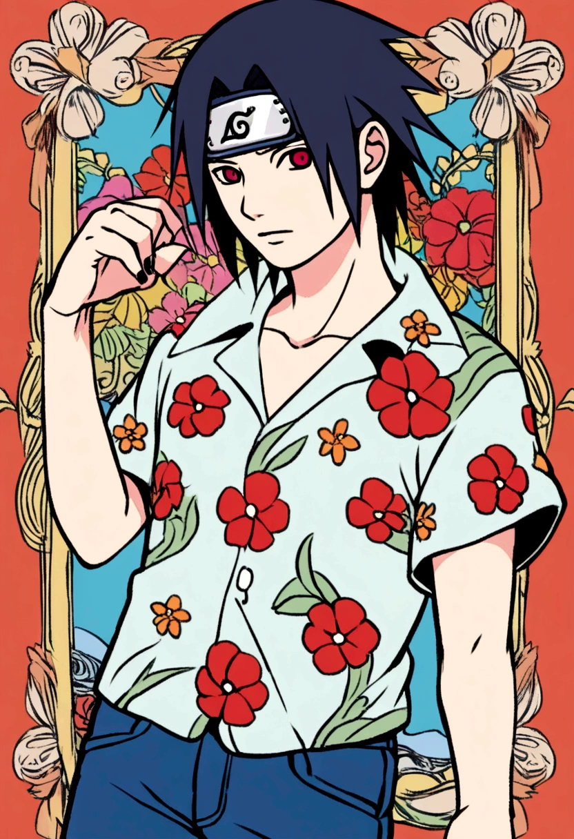 Naruto style illustration, Itachi Uchiha with short hair dressed in jeans and an open floral beachy shirt