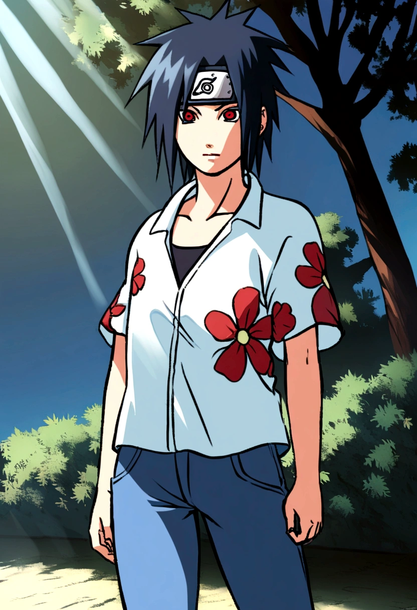 Naruto style illustration, Itachi Uchiha with short hair dressed in jeans and an open floral beachy shirt