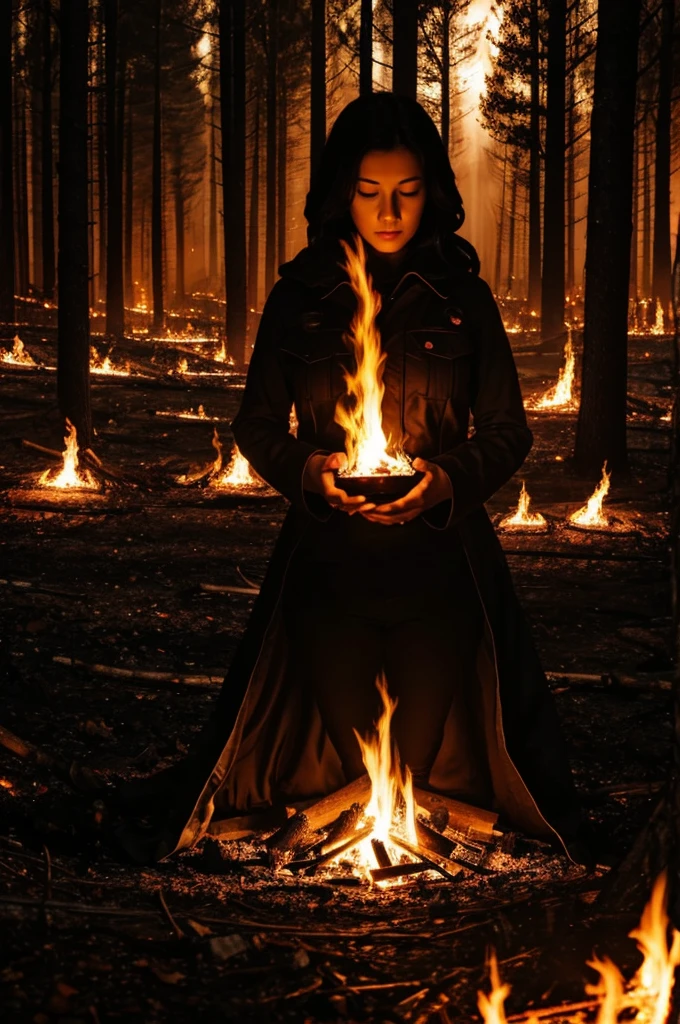 background is dark forest, forest burning in flames, (realist:1.5) has a woman's face, detailed background, is on his knees on the ground, there is fire around, she complains of pain screaming loudly, his eyes are closed, expression of pain, cataclysmic cinematic atmosphere, **(monster, inhuman:1.2),**, voluminous old-style dark hood, torn and dirty clothes,
