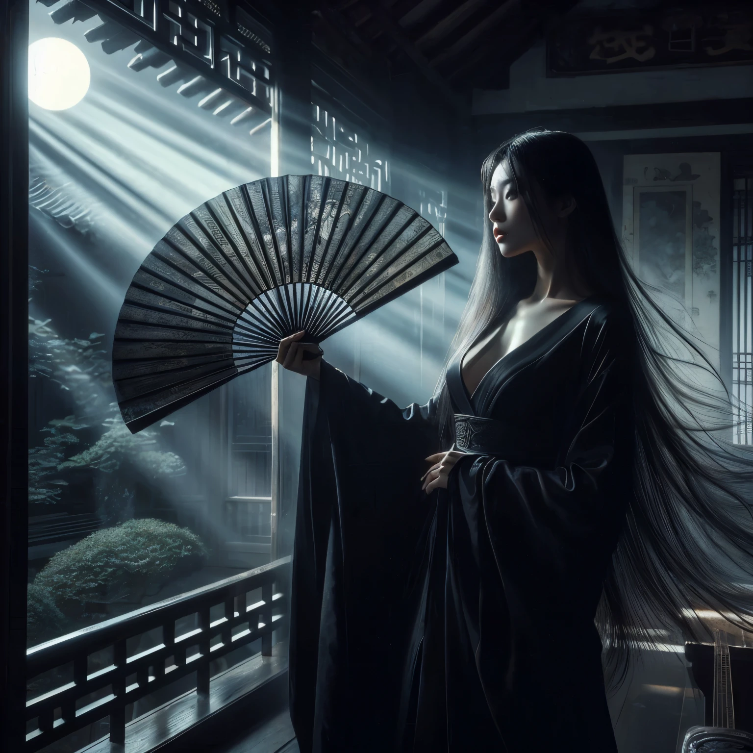An ultra beautiful Asian woman long black hair, holding a long black ancient liquored Asian fighting fan, wearing a long black Chinese dressing gown, in a darkened room beams of moonlight streak in through the opened balcony window, Chinese garden, night sky, black ink, in the style of Caravaggio and Da Vinci, 8k resolution, hyperdetailed, photorealistic, an oil painting art style, Sfumato,