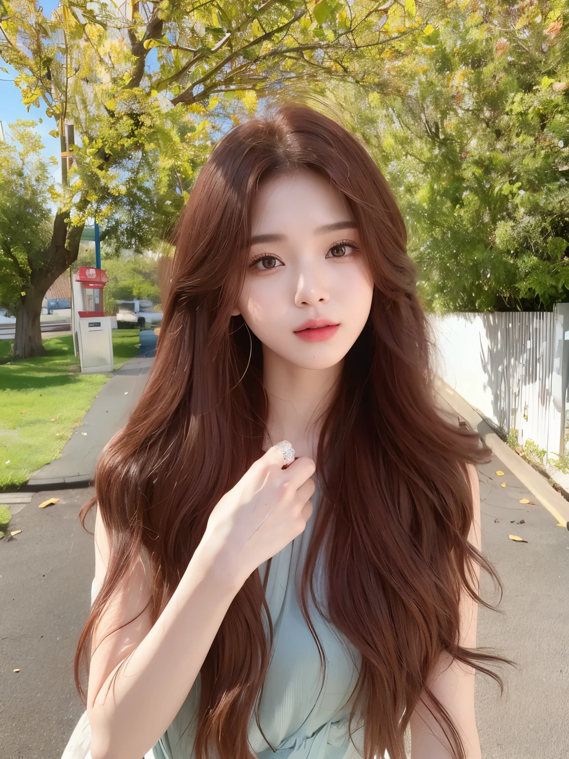 masterpiece, best quality, Girl with reddish-brown hair,Facing the camera,Hairstyle with bangs,Long curly hair,红色Long curly hair,20 years old,Chinese Girl,Sweet girl,a girl,Exquisite facial features,