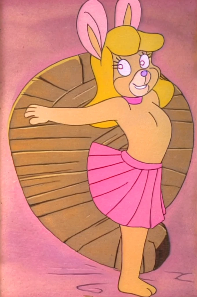 
Furry Yellow bunny with white eyes with hot pink pupil and pink collar with a heart, with mat instead of chest without clothes just a skirt cartoonish Hanna-Barbera type, Women, Mexican pink volume skirt, BALD, in cute pose