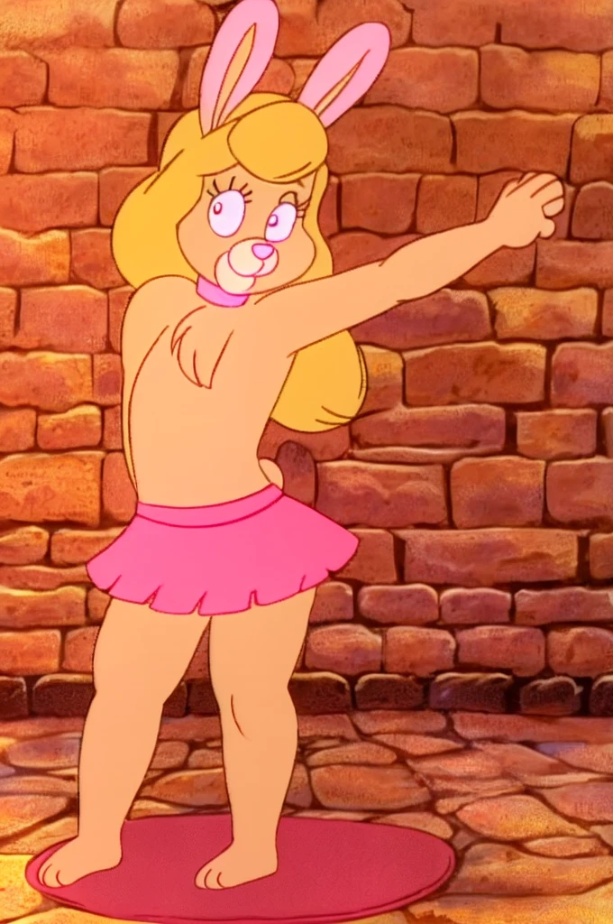 Furry Yellow bunny with white eyes with hot pink pupil and pink collar with a heart, with mat instead of chest without clothes just a skirt cartoonish Hanna-Barbera type, Women, Mexican pink volume skirt, BALD, in cute pose
