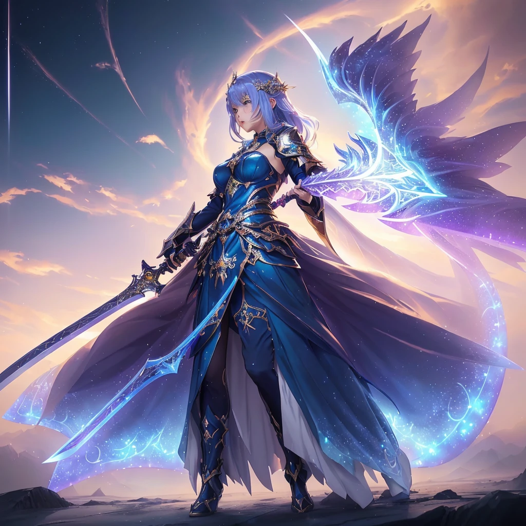 a girl in a long dress holding a greatsword and a greatsword, anime fantasy artwork, cute celestial wizard, beautiful fantasy anime, epic anime art, anime fantasy illustration, shadowverse style, 4k anime art wallpaper, 4K anime art wallpaper, 8K anime art wallpaper, Anime goddess, shiny magical girl, fantasy art style, Beautiful anime artwork