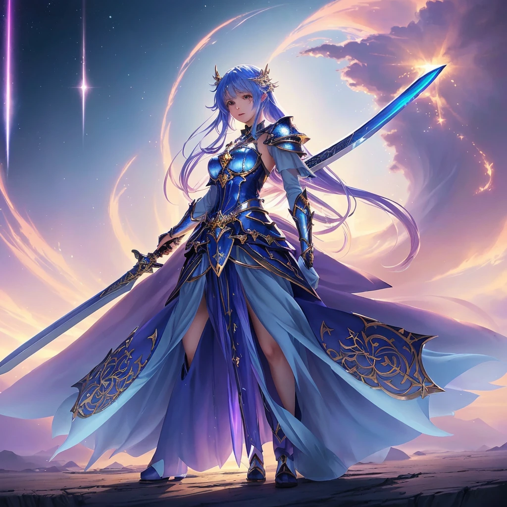 a girl in a long dress holding a greatsword and a greatsword, anime fantasy artwork, cute celestial wizard, beautiful fantasy anime, epic anime art, anime fantasy illustration, shadowverse style, 4k anime art wallpaper, 4K anime art wallpaper, 8K anime art wallpaper, Anime goddess, shiny magical girl, fantasy art style, Beautiful anime artwork
