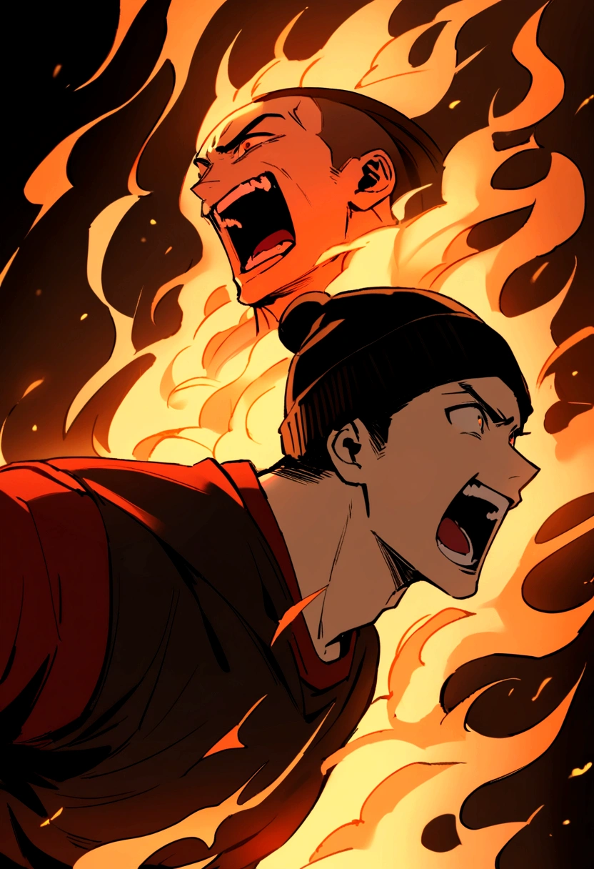 a happy and muscular boy with short black hair without any hat with a red shirt and next to him another boy with medium-long brown hair has a black beanie hat, This one has black clothes and they are both in a background of fire, both screaming.