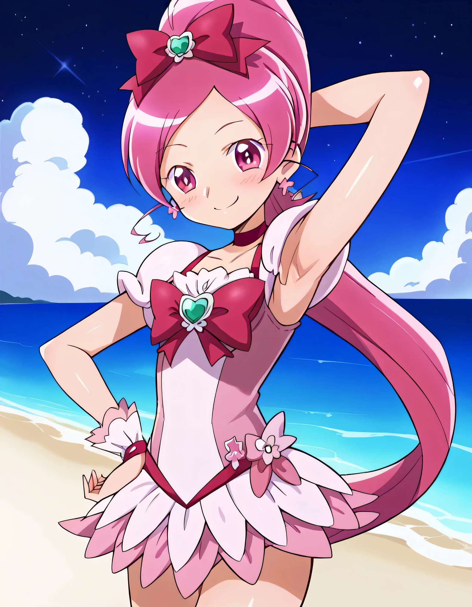 cureblossom, shiny skin, high quality, solo, 1girl, night sky, beach, arms behind head, sexy, (contrapposto), closed mouth, spread armpits, cowboy shot, looking at viewer, smile, best quality, blushing,