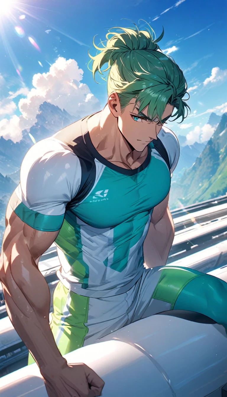 A muscular man wearing a sky blue and green fitness outfit，Cool hairstyle，Blue sky and white clouds，Sunlight