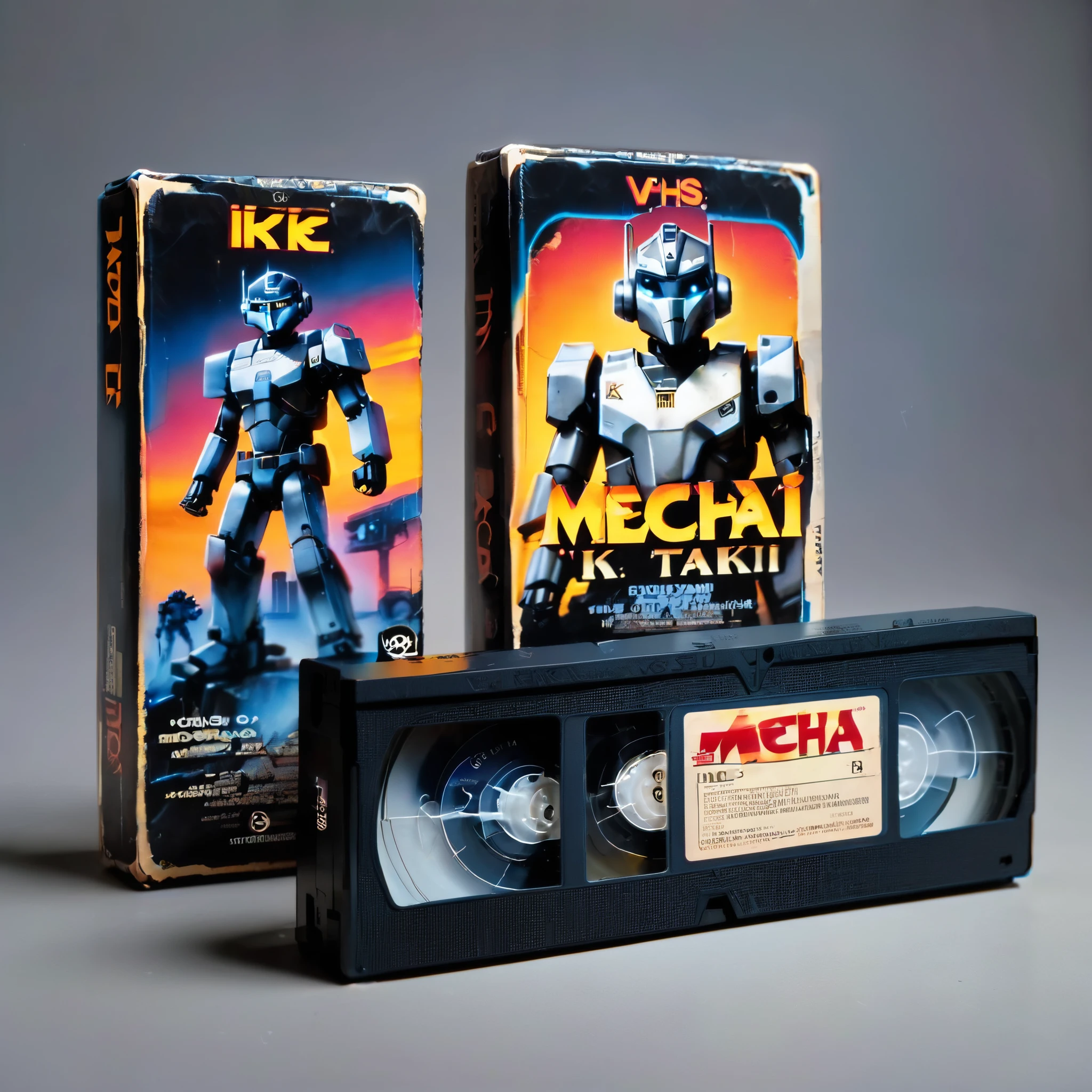 VHS tape, a movie called "Mecha" Ike Takagi, Sci-fi, dystopian, cyberpunk, neon lights, robotic elements, inspired by the works of Ridley Scott and Blade Runner.