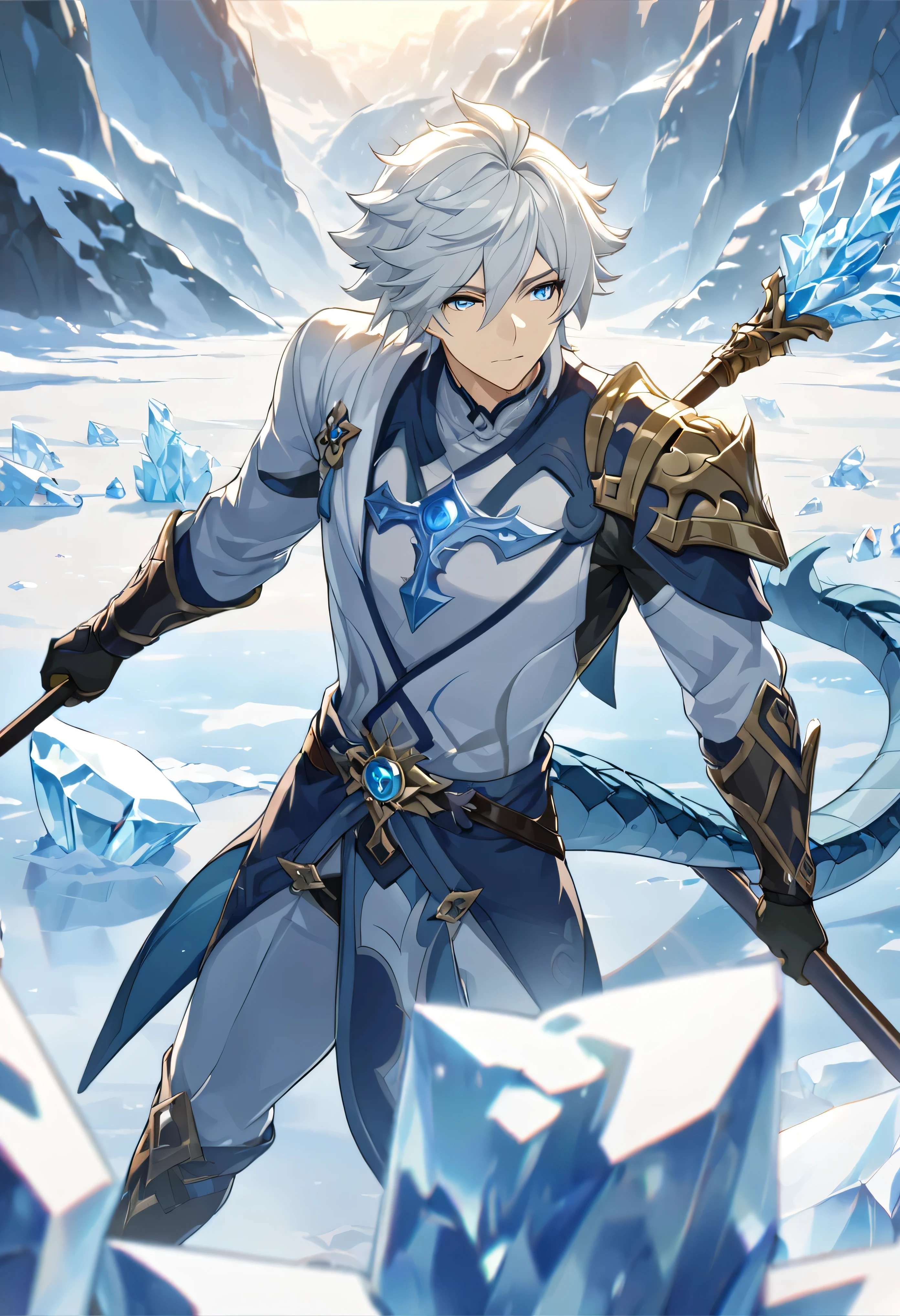 ((Solitary)), (man), Light blue eyes, white hair hair, short hair, Blue inner hair, Messy hair, blue dragon horn, Pupil slits, Thick white dragon tail, dragon boy, Close-up:In a desolate land surrounded by icebergs,A man holding a scepter, Frozen fields, Detailed key animation art, Characters of the Broken Star, Casimir Art, Masamune shiro, Masamune, The handsome guy in Demon Slayer, Genshin Impact, heise jinyao, Shadowverse Style, (In the flag), The power of ice, Mountain View, Detailed academic, Eye Reflection, Depth of Field, light, Ray Tracing, Depth of Field, light, Ray Tracing, Ultra HD, High Detail, best quality, high resolution, high quality, The award-winning, Super Detail, masterpiece, 8K, Ultra HD, High Detail, best quality, high resolution, high quality, The award-winning, Super Detail, masterpiece, 8K