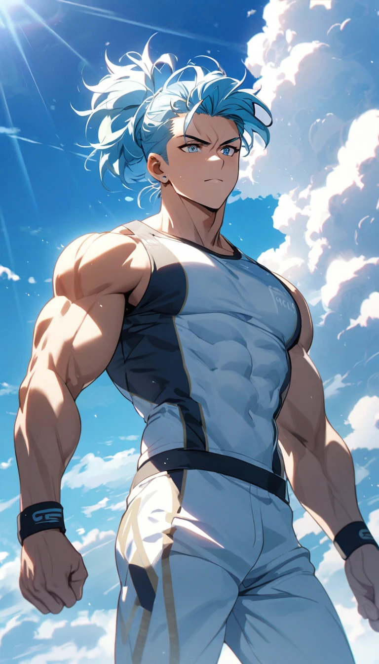 A muscular man wearing a sky blue and gold fitness outfit,Cool hairstyle,Blue sky and white clouds,Sunlight