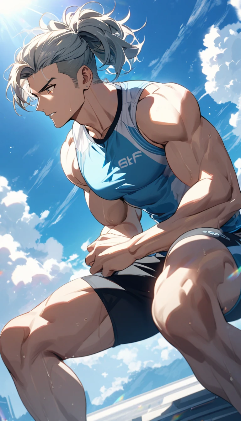 A muscular man wearing a sky blue and gold fitness outfit,Cool hairstyle,Blue sky and white clouds,Sunlight
